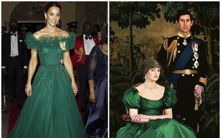 Regina balului: Kate Middleton a purtat o rochie verde smarald, inspirată de Prințesa Diana, la un dineu din Jamaica