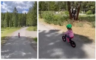 Câteva secunde de groază pentru un tată: fiica lui de 3 ani a prins viteză la vale și nu mai putea opri bicicleta