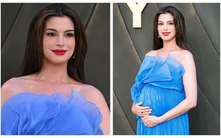Anne Hathaway strălucește într-o spectaculoasă rochie albastră. Apariția care i-a pus în valoare sarcina și a cucerit fanii